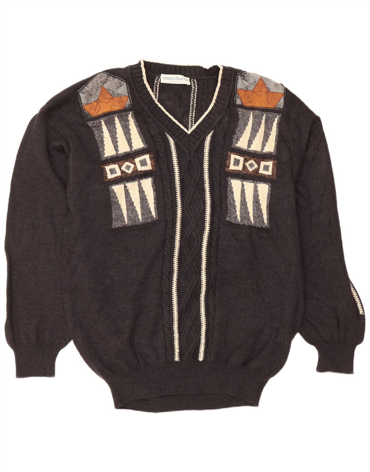 UMBERTO BILANCIONI Maglione da uomo con scollo a V 2XL Lana geometrica grigia