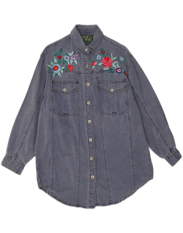 Camicia in denim a maniche lunghe con grafica vintage da donna UK 14 grande floreale blu navy