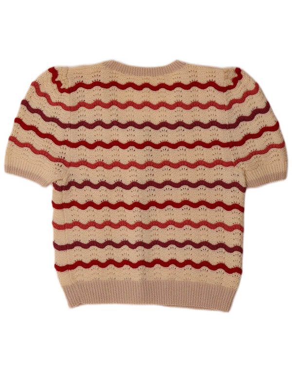 Maglione cardigan a maniche corte da donna VINTAGE UK 14 a righe beige medio