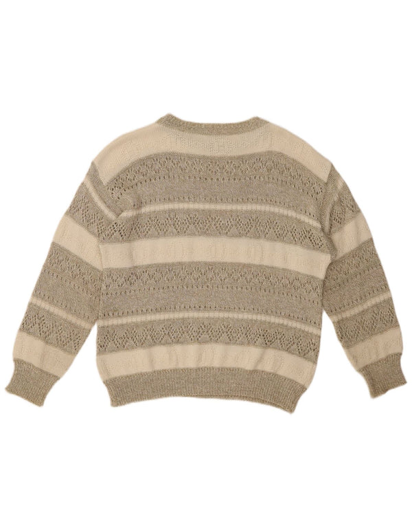 Maglione maglione con scollo a barca da donna VINTAGE UK 14 grande cotone a righe beige