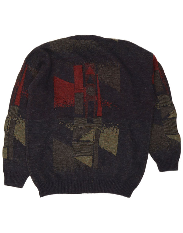 Maglione vintage da uomo con scollo a V XL in lana geometrica blu navy