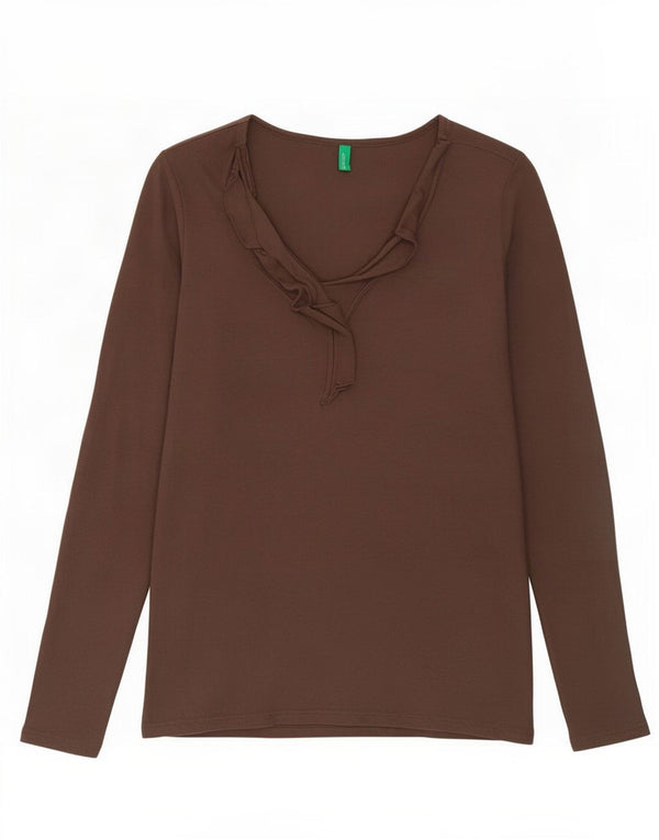 Top da donna Benetton manica lunga UK 12 cotone marrone medio