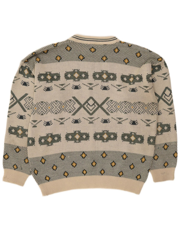 Maglione vintage da uomo girocollo, grande, color block, bianco sporco, retrò