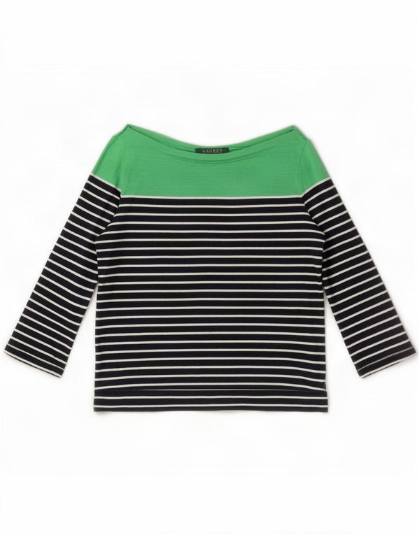Top corto da donna Ralph Lauren manica 3/4 UK 6 XS cotone a righe blu navy
