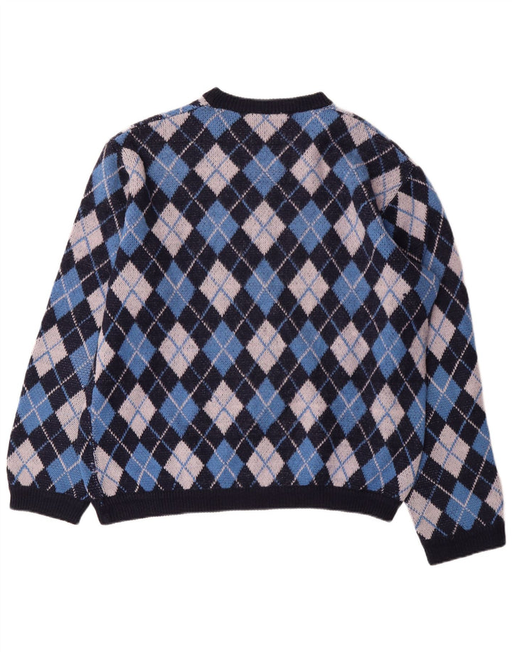 VINTAGE Mens Crew Neck Jumper Sweater Large Blue Argyle/Diamond Classic