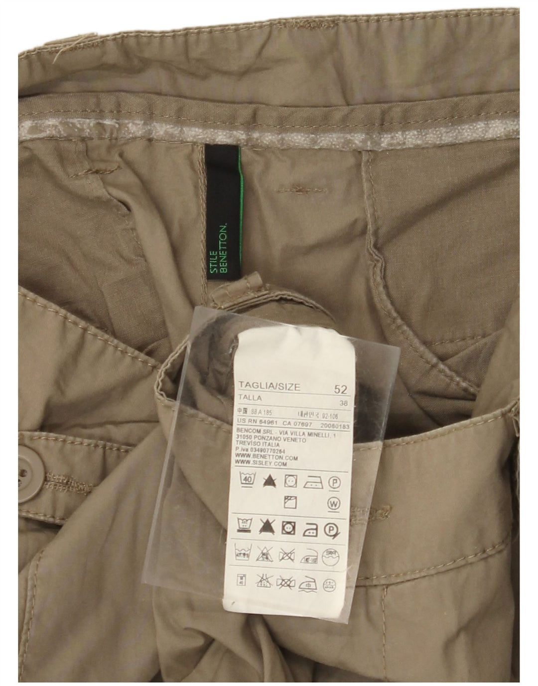 Pantaloni cargo dritti da uomo BENETTON IT 52 XL W38 L34 Cotone kaki