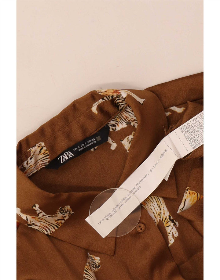 Zara, camicia oversize da donna, camicetta UK 10, piccola, in poliestere con stampa animalier beige