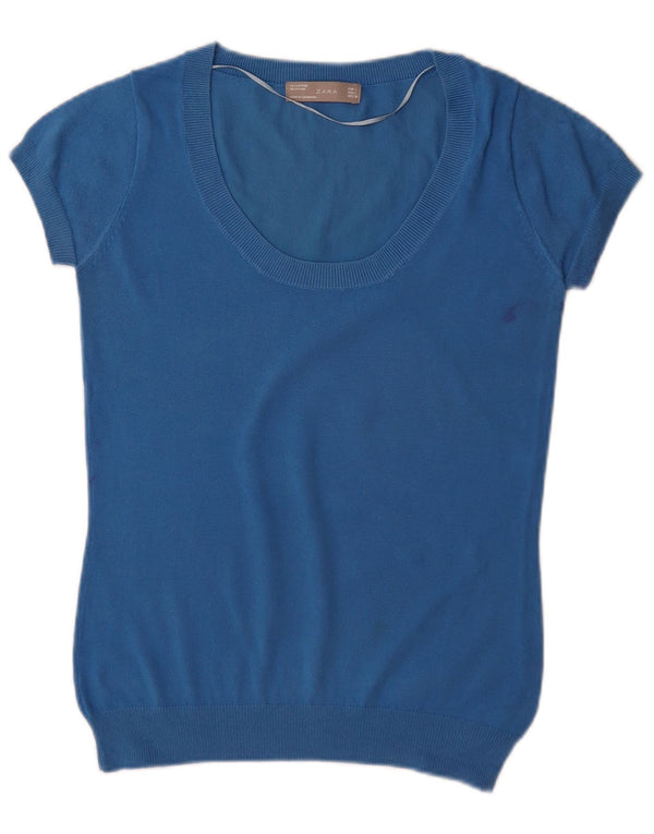 Zara Womens Short Sleeve Boat Neck Jumper Sweater UK 14 Large Blue Cotton