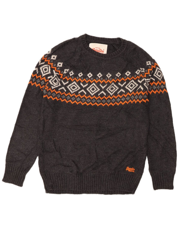 Superdry Mens Crew Neck Jumper Sweater XL Grey Fair Isle Acrylic