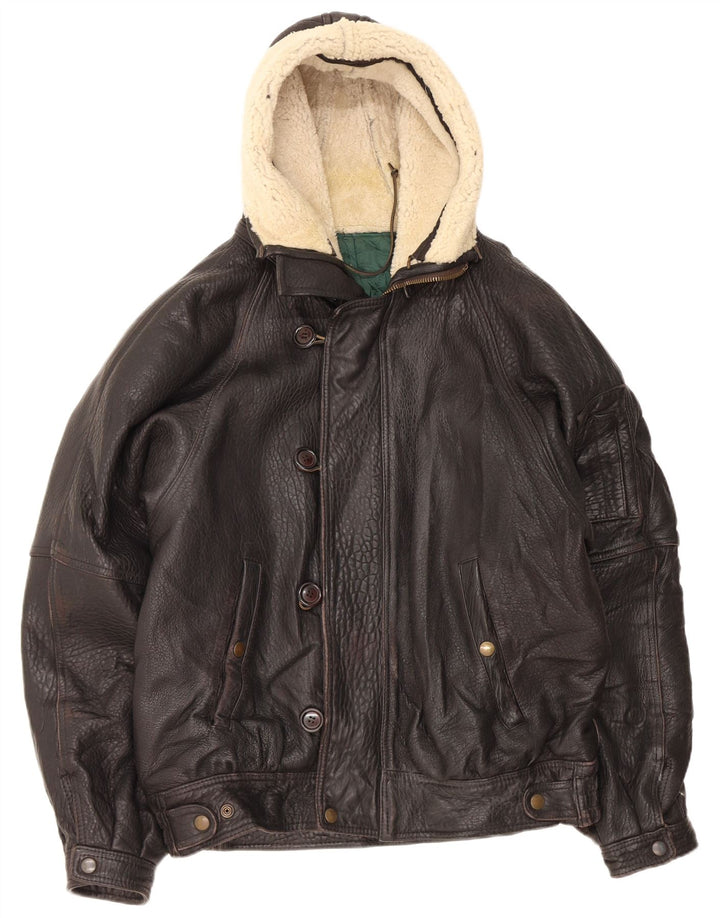 Giacca in pelle con cappuccio vintage da uomo UK 42 XL nera