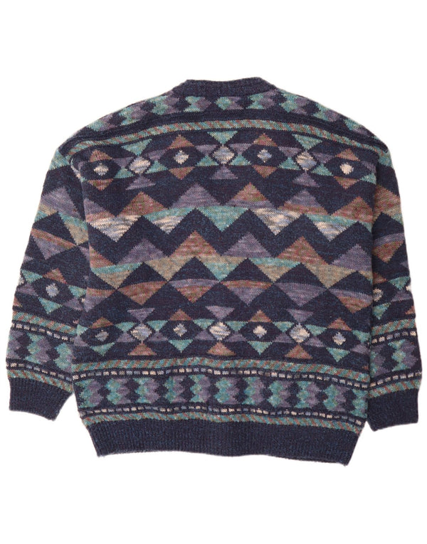 Maglione cardigan da uomo vintage IT 54 XL Lana geometrica blu navy
