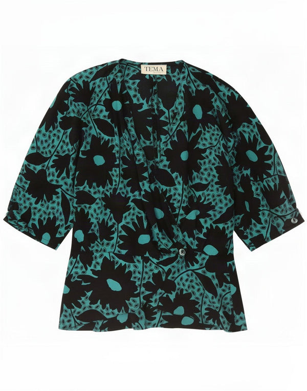 Top camicetta vintage da donna con maniche a 3/4 UK 12 verde medio floreale