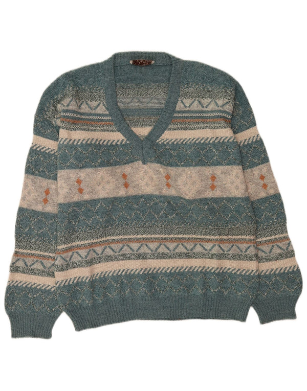 Maglione vintage da uomo con scollo a V, grande lana Fair Isle blu