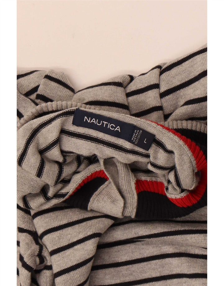 Maglione da uomo Nautica con collo a bottoni, cotone a righe grandi grigie
