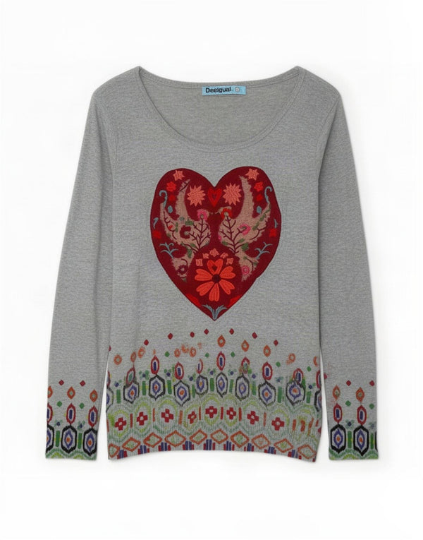 Desigual maglione da donna con scollo a barca con grafica UK 14 grande grigio floreale