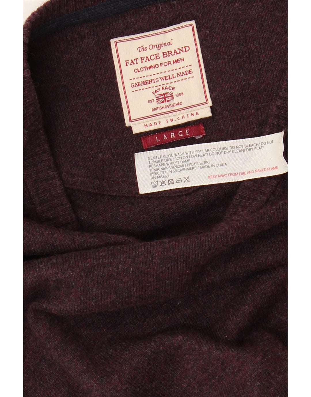 FAT FACE Maglione da uomo con scollo a V grande cotone bordeaux