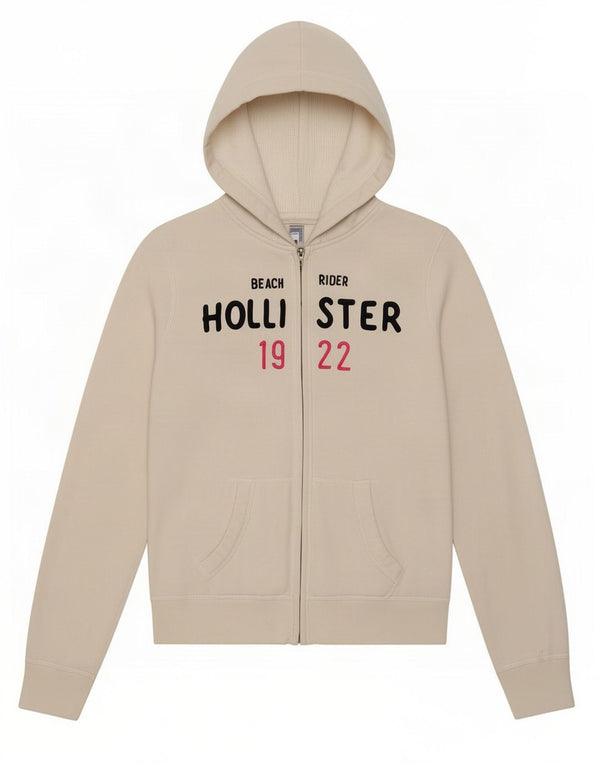 Felpa con cappuccio e zip grafica Hollister da donna UK 12 cotone bianco medio