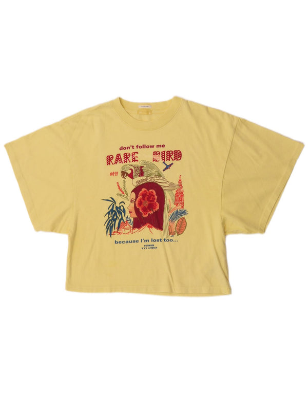 T-shirt grafica corta da donna Mother UK 10 piccola in cotone giallo