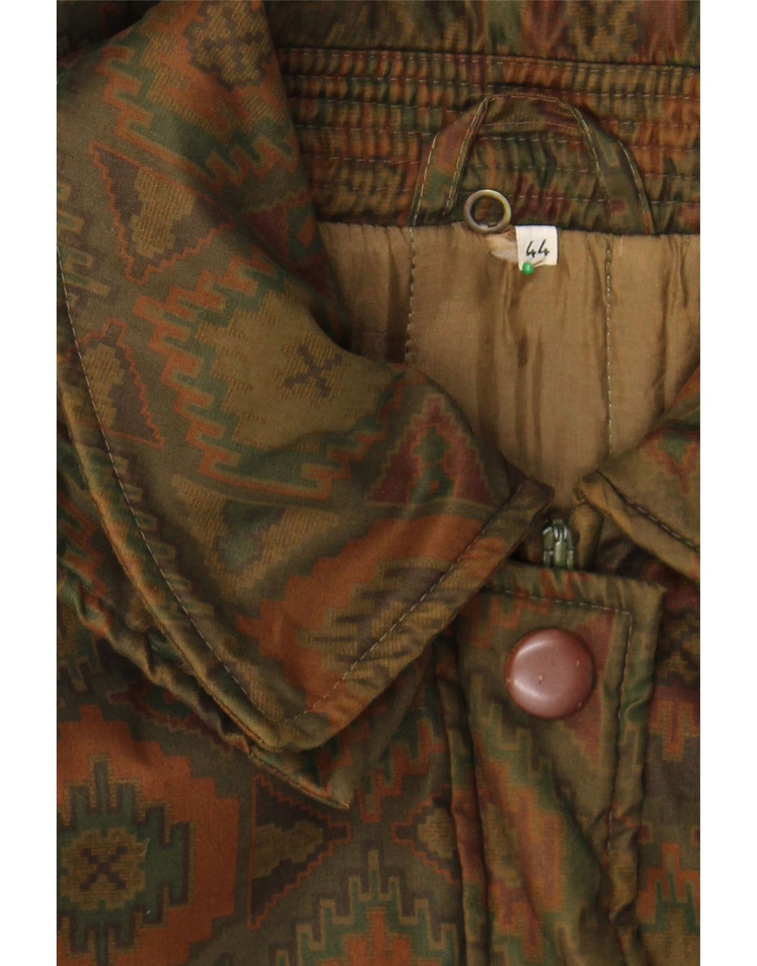 VINTAGE Womens Hooded Windbreaker Coat EU 44 XL Khaki Ikat Polyester Vintage Vintage and Second-Hand Vintage from Messina Hembry 