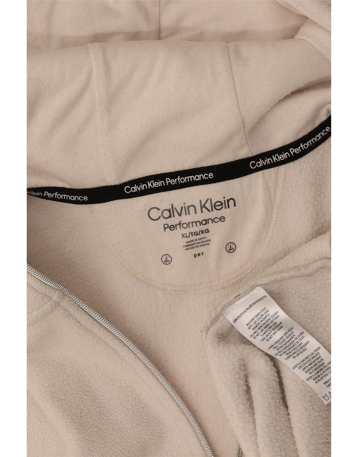 CALVIN KLEIN Giacca in pile con cappuccio grafico da donna UK 18 XL Bianco sporco