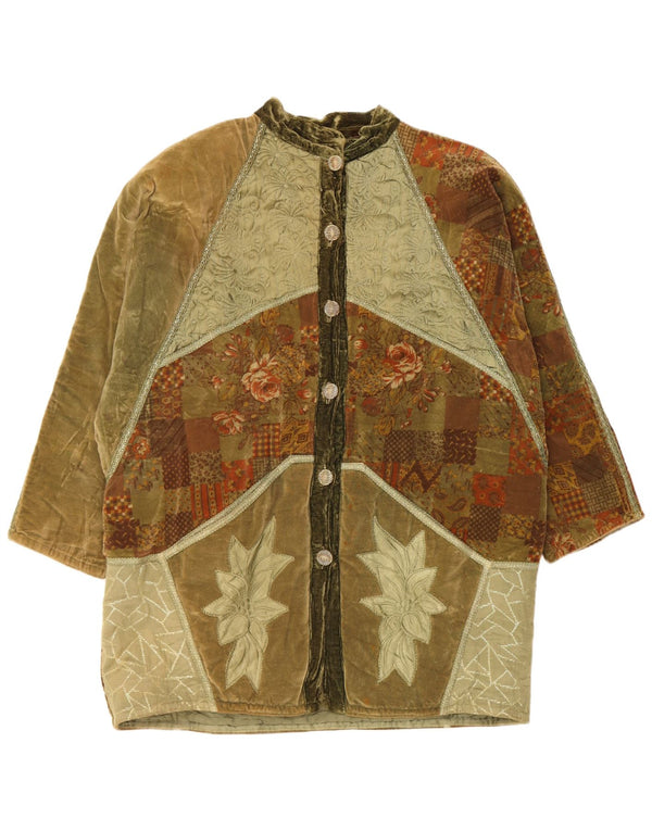Cappotto vintage da donna in velluto vestibilità ampia con giacca a vento UK 20 2XL Patchwork verde