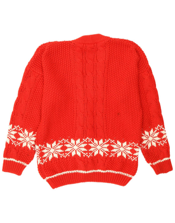 Maglione cardigan con fiocchi di neve vintage da donna UK 14 grande rosso Fair Isle retrò