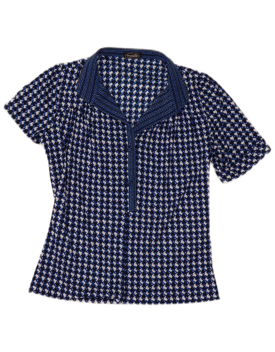 Camicetta da donna vintage Top UK 10 piccolo pied de poule blu navy