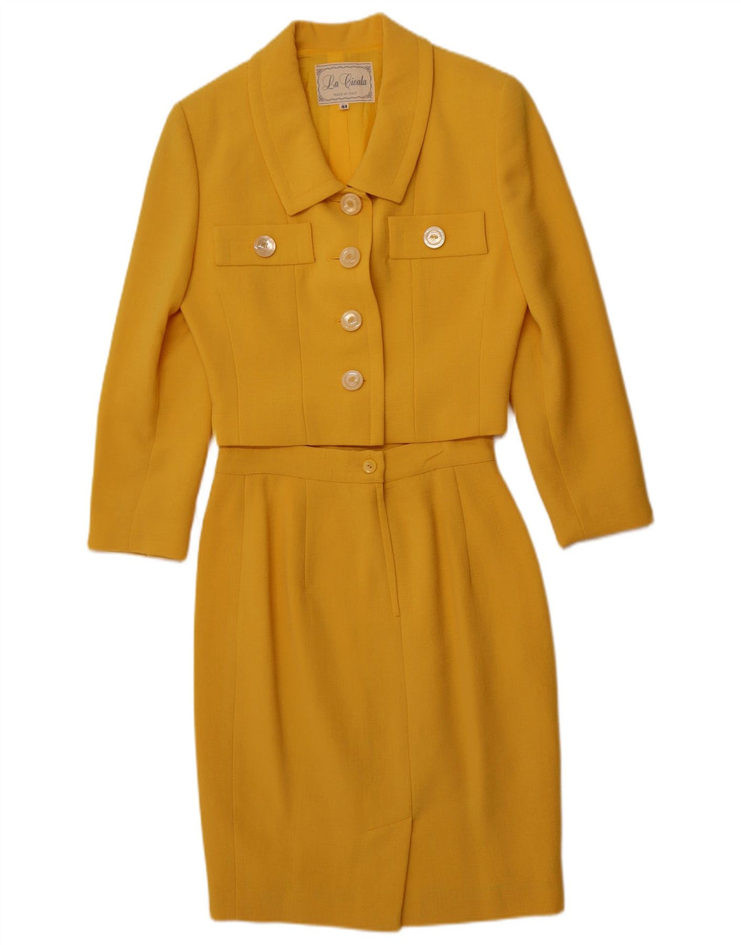 Set gonna da donna in 2 pezzi a 4 bottoni VINTAGE IT 44 medio W26 lana gialla