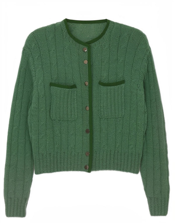 Maglione cardigan corto da donna vintage UK 16 grande verde