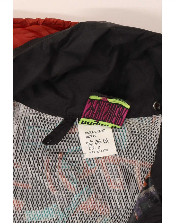 Giacca antipioggia vintage da uomo con cappuccio anorak UK 38 medio nero geometrico