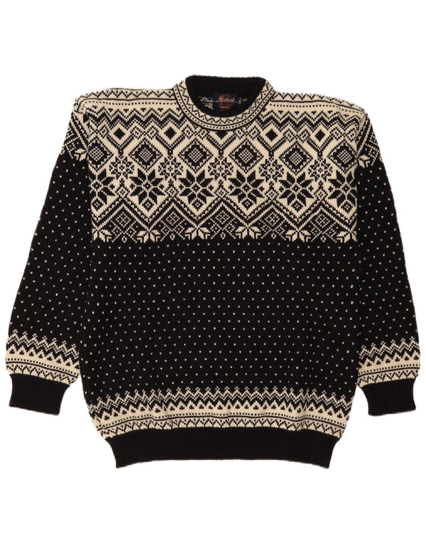 Maglione maglione girocollo da uomo vintage 2XL lana vergine Fair Isle nera