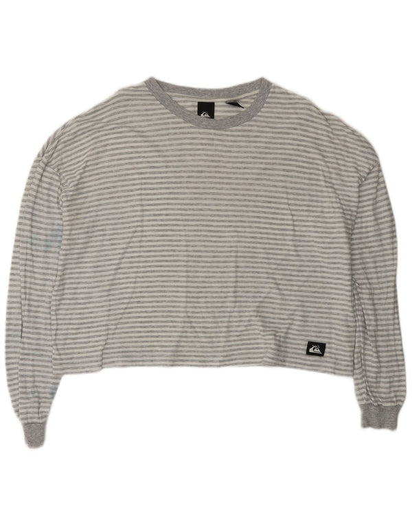 QUIKSILVER Womens Oversized Crop Top Long Sleeve UK 14 Medium Grey Striped