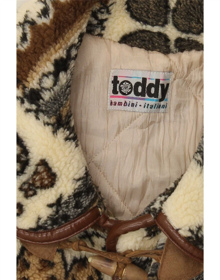 Montgomery in pile con grafica vintage da donna UK 14 grande patchwork beige