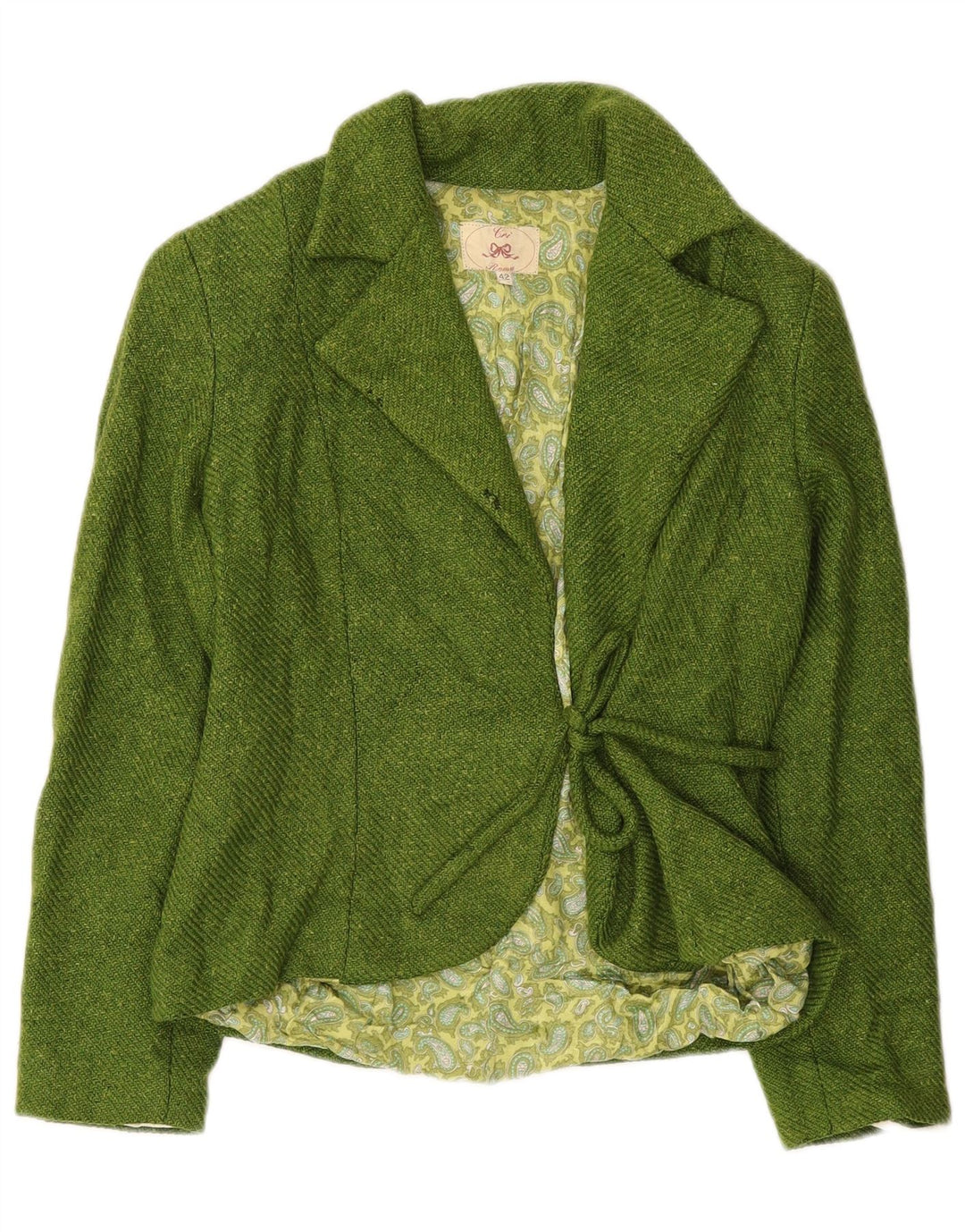 Giacca blazer da donna vintage con cravatta sul davanti IT 42 Lana verde medio