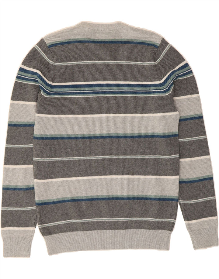 MARKS & SPENCER Mens Crew Neck Jumper Sweater Medium Grey Striped Cotton Vintage Marks & Spencer and Second-Hand Marks & Spencer from Messina Hembry 