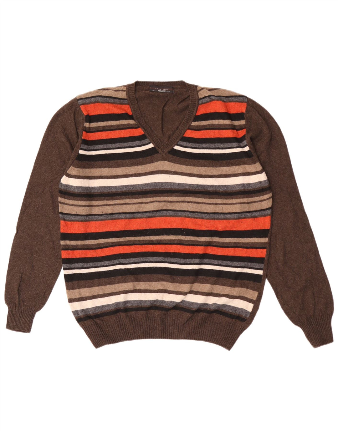 Maglione Zara da uomo con scollo a V, viscosa a righe marroni grandi