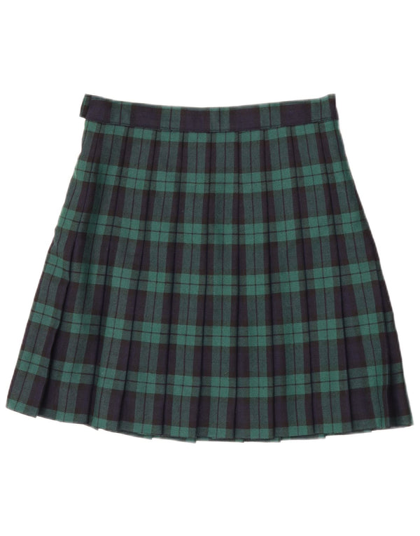 Mini gonna a pieghe a vita alta da donna vintage IT 46 grande W30 a quadri verdi