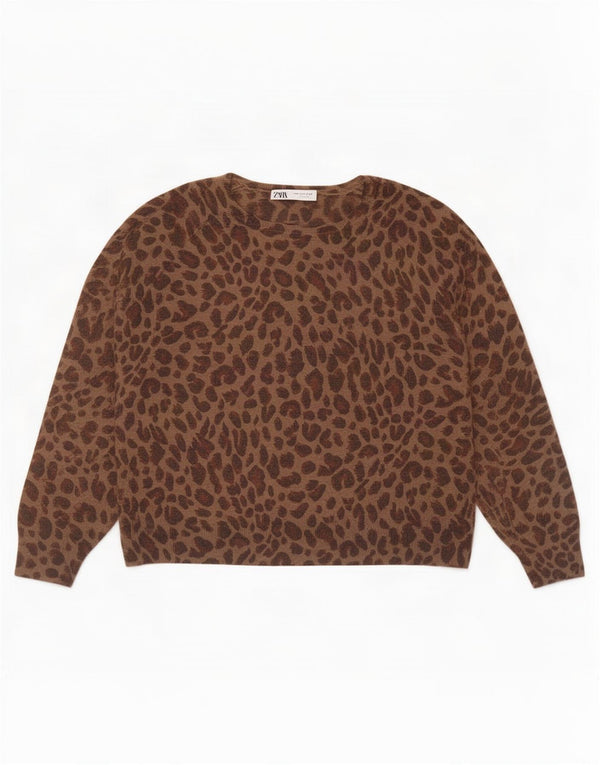 Maglione Zara da donna con scollo a barca UK 14 stampa animalier marrone medio