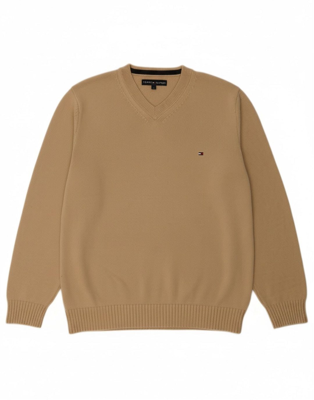 TOMMY HILFIGER Mens V-Neck Jumper Sweater Medium Beige Cotton