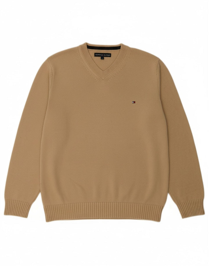 TOMMY HILFIGER Mens V-Neck Jumper Sweater Medium Beige Cotton