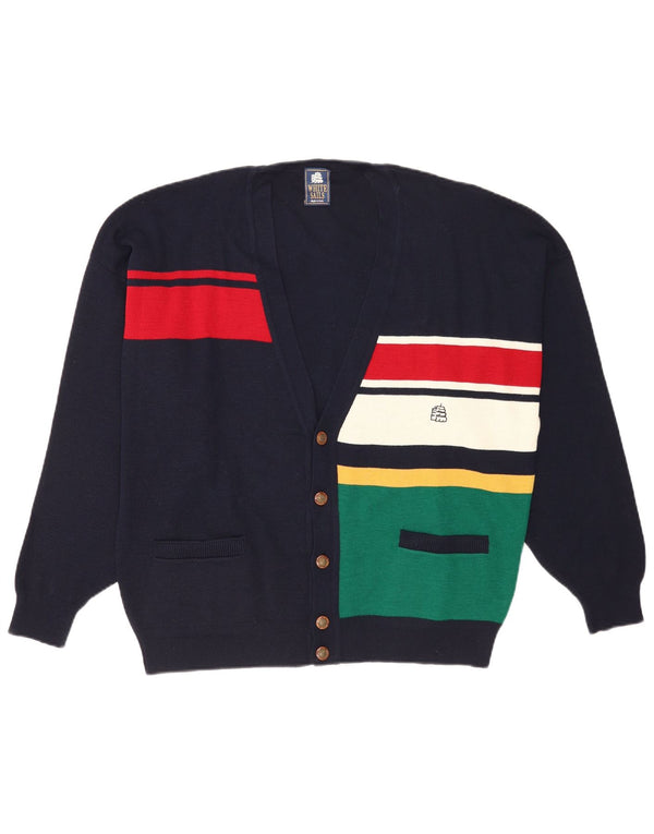 White Sails Mens Cardigan Sweater XL Navy Blue Colourblock Wool