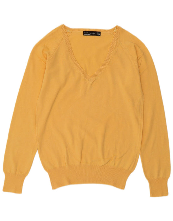 Maglione ZARA da donna con scollo a V UK 14 grande cotone giallo