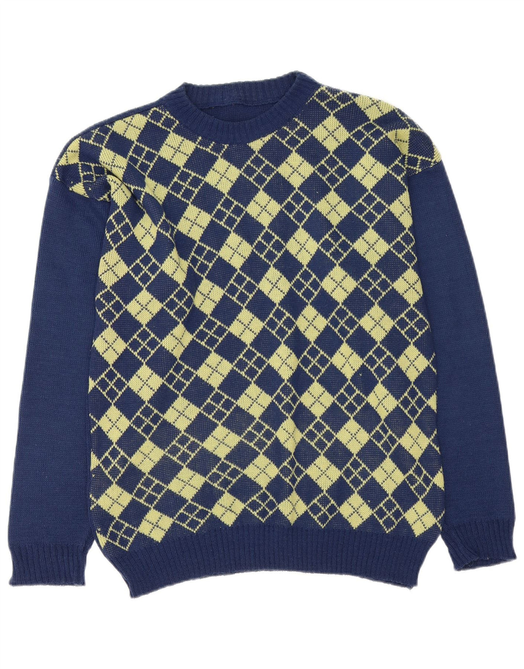 Maglione vintage da uomo con scollo a barca, blu navy medio, a rombi/diamante