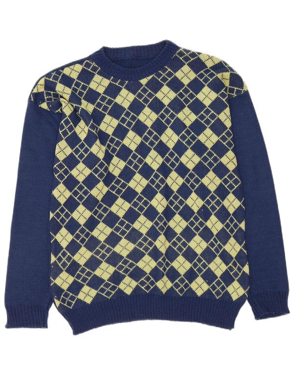 Maglione vintage da uomo con scollo a barca, blu navy medio, a rombi/diamante