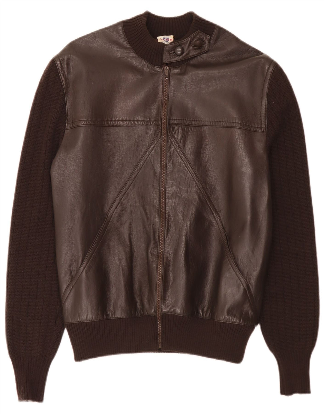 Giacca in pelle lavorata a maglia da donna vintage IT 44 Marrone medio
