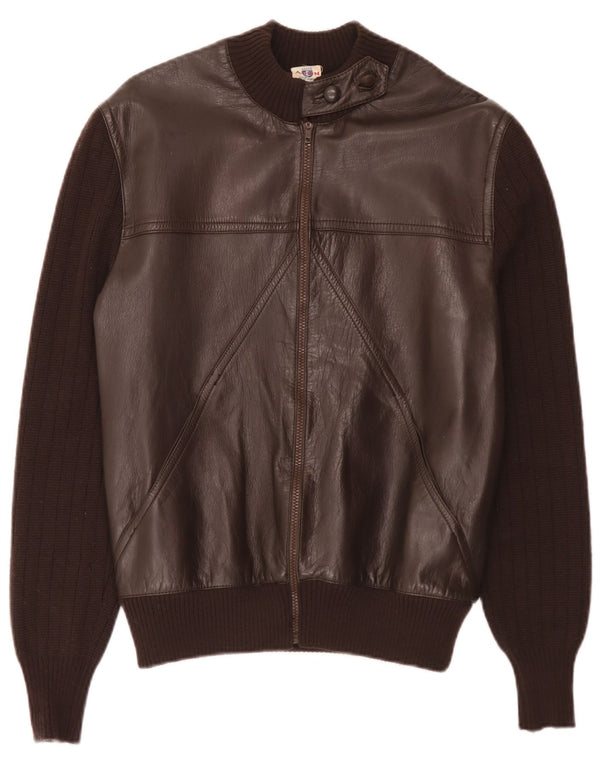 Giacca in pelle lavorata a maglia da donna vintage IT 44 Marrone medio