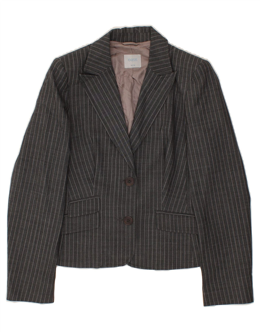 OASIS Womens 2 Button Blazer Jacket UK 10 Small Grey Pinstripe Virgin Wool Vintage Oasis and Second-Hand Oasis from Messina Hembry 