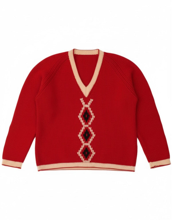 Maglione vintage da donna con scollo a V UK 16 Large Red Fair Isle