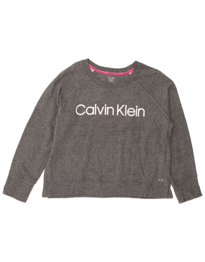 CALVIN KLEIN Felpa con grafica corta da donna UK 18 XL Grigio chiazzato