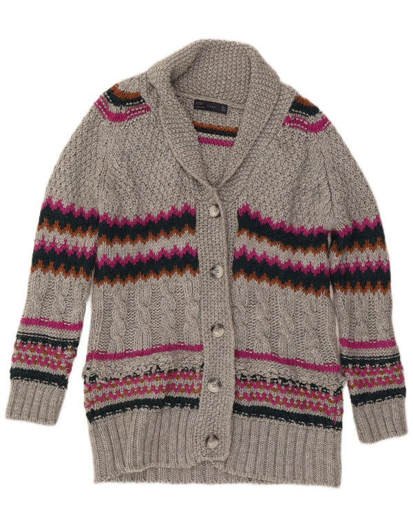 Maglione cardigan lungo da donna Zara UK 16 Acrilico a righe grandi grigie
